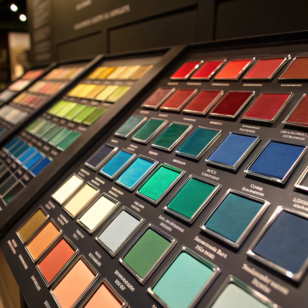 Professional color swatches laid out on a table