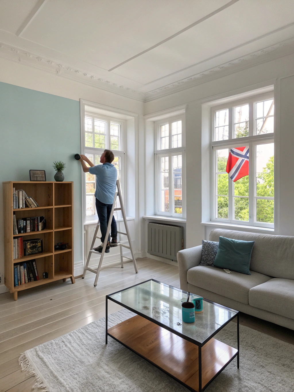 Living room with freshly painted walls in soft light